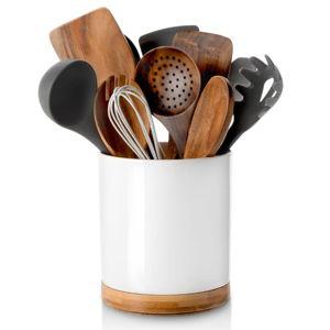 Nucookery 360° Rotating Utensil Holder, 7.2" Large Utensil Crock, White Ceramic Cooking Utensil Organizer with Countertop-Protection Cork Bottom for Farmhouse Kitchen Decor Christmas Gift (White)