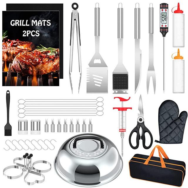 Griddle Accessories BBQ Grill Set - 46pcs Stainless Steel Barbecue Tools Kit for Blackstone with Thermometer Spatula Basting Cover Grill Mats Carry Bag for Camping,Flat Top Camp Chef Utensil for Men