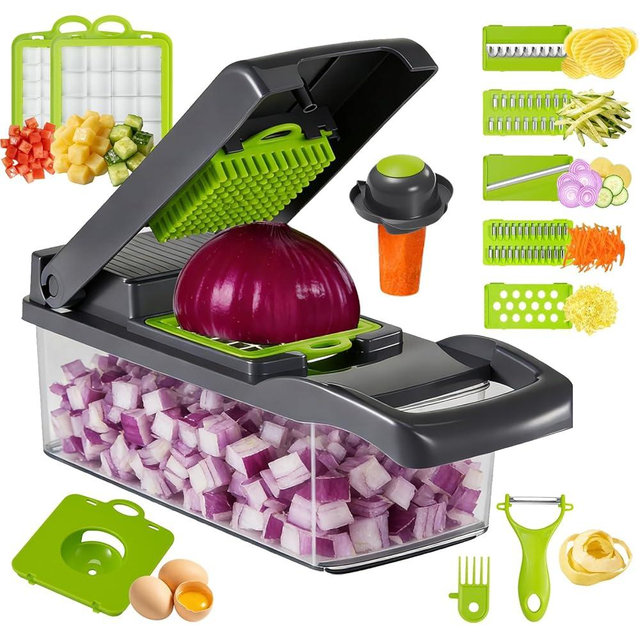15-in-1 Vegetable Chopper, Kitchen Gadgets with 8 Blades, Food,Veggie, Onion Chopper, Cucumber Slicer, Versatile Mandoline, Includes Egg Separator & Vegetable Peeler, Gray