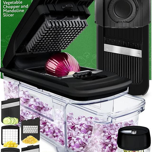 Fullstar All-in-1 Black Vegetable Chopper, Mandoline Slicer & Cheese Grater - Multi Blade French Fry Cutter & Veggie Dicer, Includes Handheld Spiralizer - Kitchen Gadgets - Black