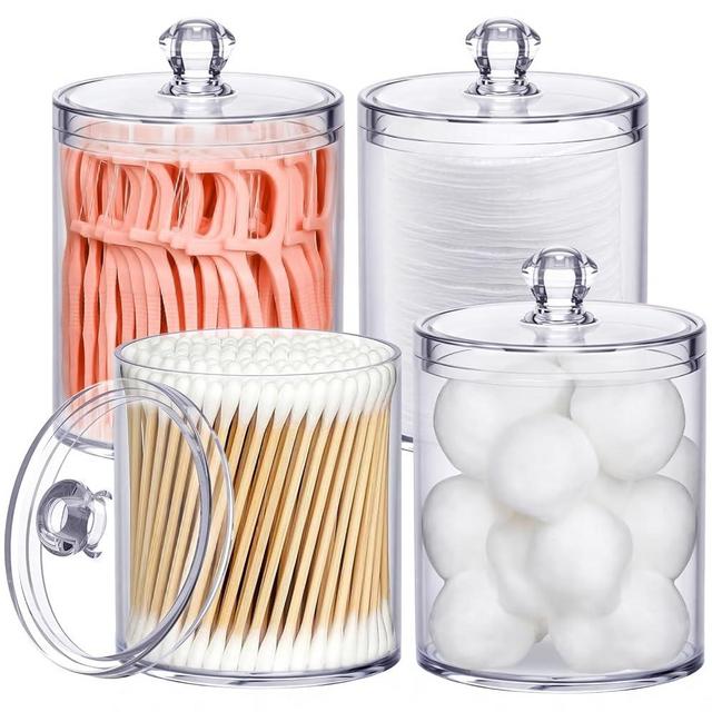 IVEETTY 4 Pack Qtip Holder for Bathroom Organizers and Storage, Apothecary Jars with Lids for Home Decor Accessories, Q tip Dispenser Vanity Makeup Canister for Cotton Swab, Ball, Floss,Hair Clips
