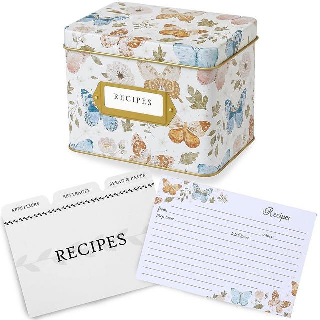 Jot & Mark Recipe Card Gift Box, 25 4x6 inch Cards, 14 Dividers, Decorative Tin Box