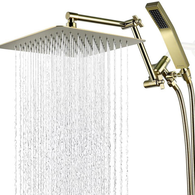 G-Promise All Metal 10 Inch Rainfall Shower Head with Handheld Spray Combo| 3 Settings Diverter|Adjustable Extension Arm with Lock Joints |71 Inches Stainless Steel Hose (Polished Brass)