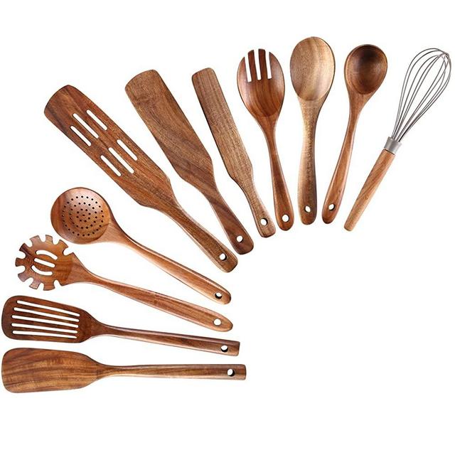 Kitchen utensils set,NAYAHOSE 11pcs wood cooking utensils wooden spoons spatula kit non stick scratch natural kitchen tools kitchenware cookware durable premium teak