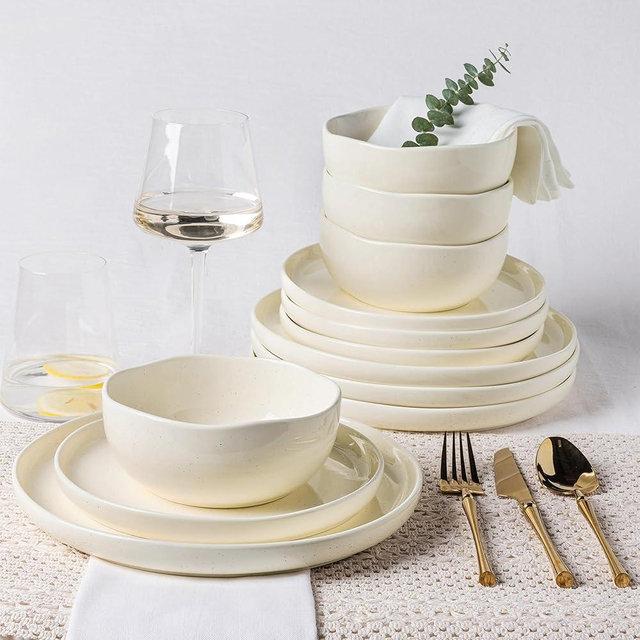 TheTerra Ceramic Dinnerware Sets for 4, 12 Pieces Porcelain Lightweight Plates and Bowls Sets, Scratch Resistant Dish Set, Oven & Microwave & Dishwasher Safe, Ivory Speckled