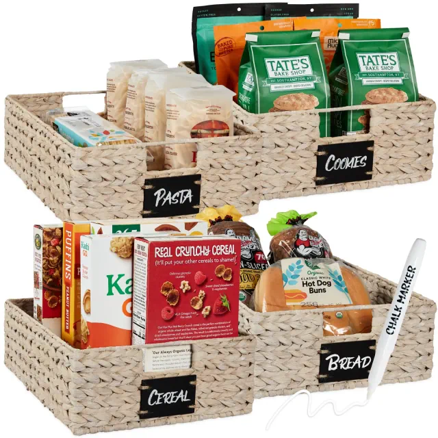 Best Choice Products Set of 4 16x12in Woven Water Hyacinth Pantry Baskets w/ Chalkboard Label, Chalk Marker - White