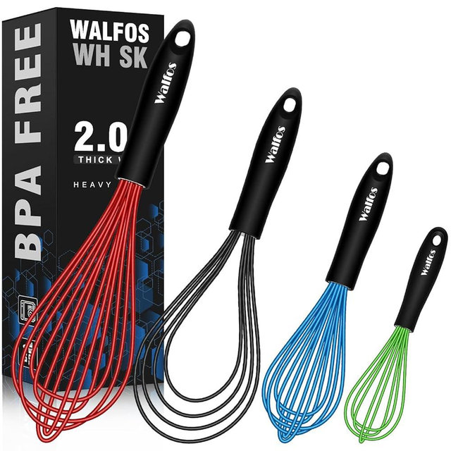 Walfos Silicone Whisks set,Non Scratch Coated Whisk for Cooking and Baking,Heavy Duty Set of 4 Kitchen Whisks-11"Flat wisk and 7.5"+9"+11" Balloon Whisk(Colorful)