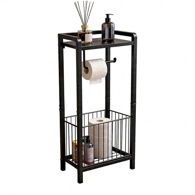 Free Standing Toilet Paper Holder with Storage Shelf, All-in-One Organizer Stand for Multiple Rolls,Wipes,Towels and Magazines–Freestanding Bathroom Tissue Dispenser for Small Spaces – Matte Black