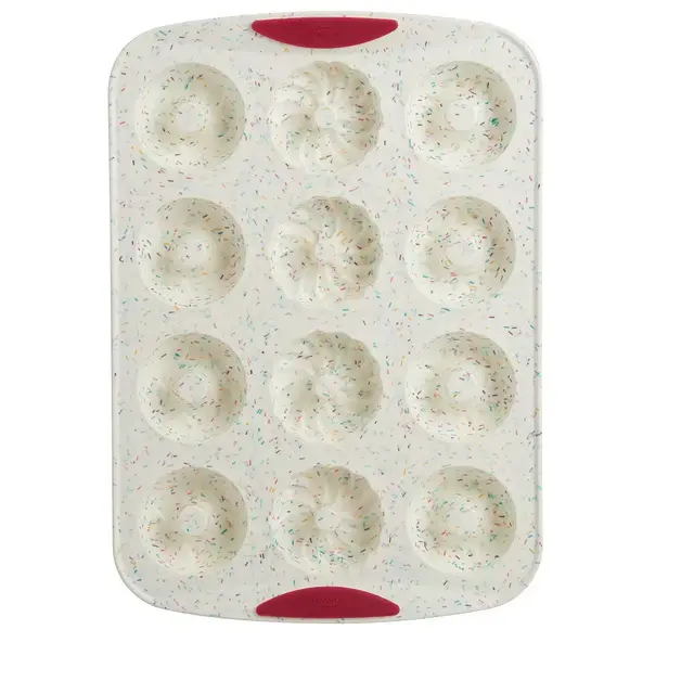 Trudeau Structure Silicone 12 Cavity Decorated Donut Pan, Confetti/Fuchsia