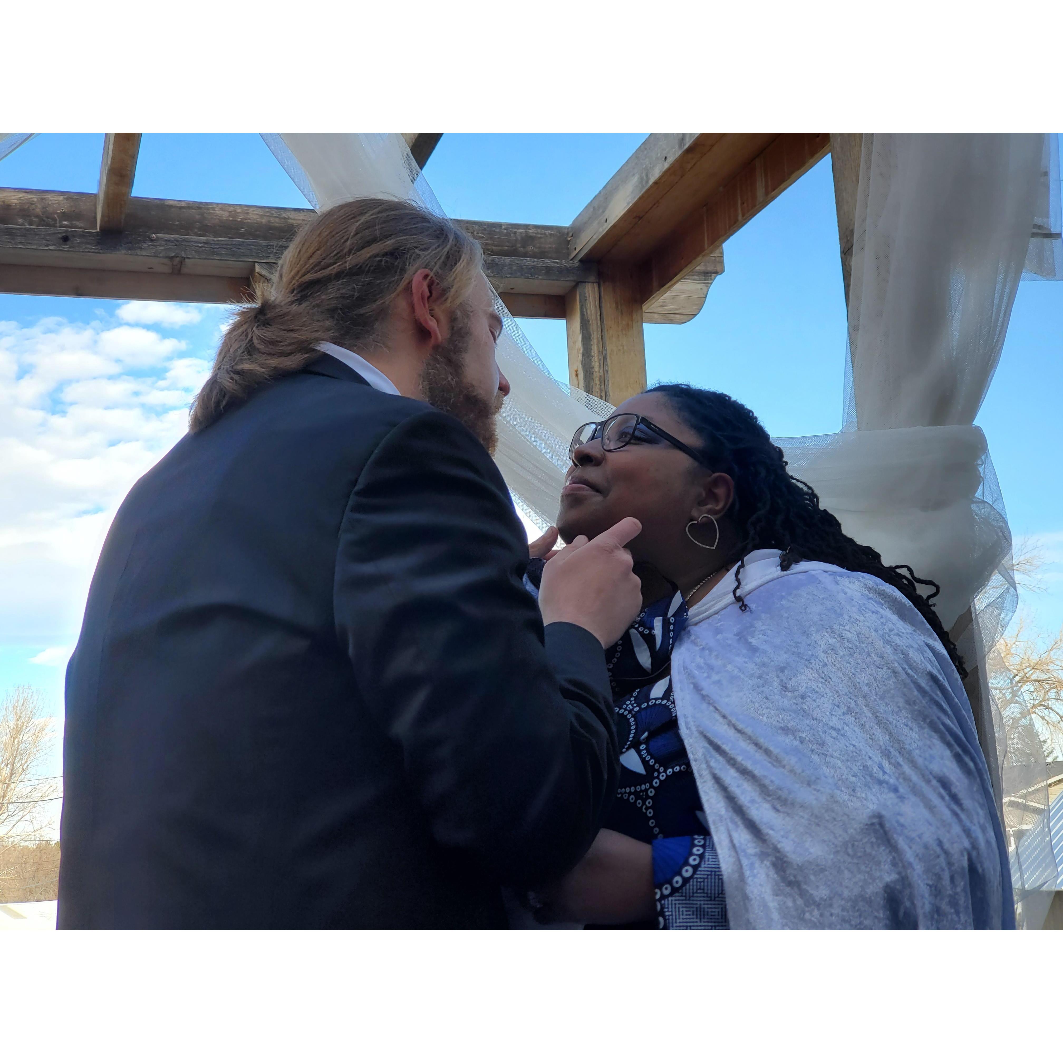 We only took our masks off for this kiss and for our socially distant meal outdoors.