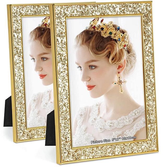 IZIDDO 5x7 Picture Frames Pack of 2, Gold Bling Metal Picture Frame, Glitter Sparkly Decorative Photo Frame, Wall Mount or Tabletop, Vertical or Horizontal, Halloween Christmas Gifts (Gold, 5x7)