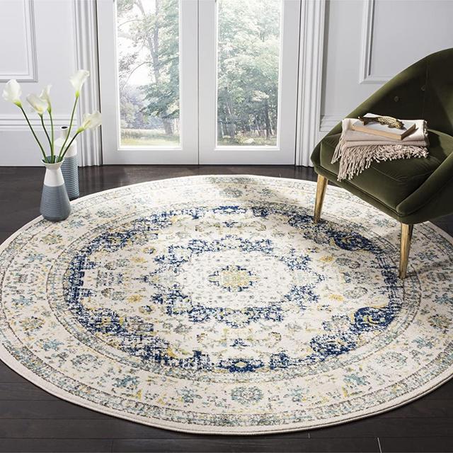 Safavieh Evoke Collection EVK220C Shabby Chic Vintage Oriental Medallion Area Rug, 9' Round, Ivory/Blue