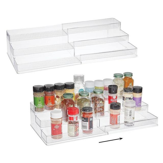 SIMPLEMADE Expandable Clear Spice Rack - 2 Pack Three-Tiered Shelf, Countertop, and Cabinet Storage and Spice Organizer for Kitchen, Bathroom, Bedroom, and Office