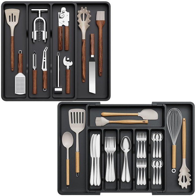 Lifewit Silverware Drawer Organizer, Expandable Utensil Tray for Kitchen, BPA Free Flatware and Cutlery Holder, Plastic Spatula Tools and Gadgets Storage Divider, 4 Compartments, Black
