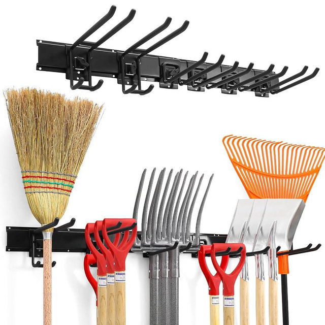 Garden Tool organizer, Garage Tool Organizer Wall Mount, Heavy Duty Garage Storage Tool Rack, Wall Hooks and Hangers, Adjustable Metal Hooks (Height Adjustable), Hold Up to 440lbs (48Inch Black)