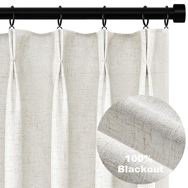 Topfinel Pinch Pleated Curtains 96 Inch Long, 100% Blackout Thermal Insulated Natural Linen Pinch Pleat Viral Drapes with Hooks Rings 2 Panel Sets, Neutral Beige Ivory 8FT Back Tab Window Curtains