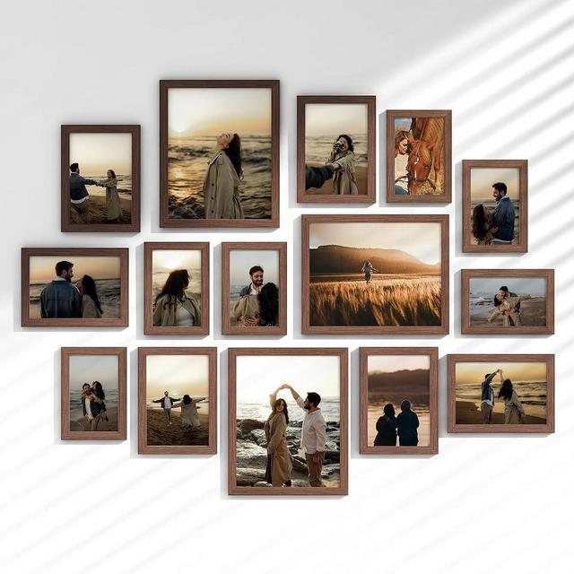 Venusmiles 15 Pack Picture Frames Collage Wall Decor, Gallery Frame Set for Wall Mounting or Tabletop Display, Multi Sizes Including 3pcs 8x10, 6pcs 5x7, 6pcs 4x6, Walnut