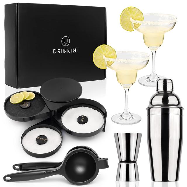 Drinkini Margarita Kit - Bartender Accessories - Set of 2 Steamless Margarita Glasses - Cocktail Shaker, Jigger and Durable Lemon Squeezer - 3 Tier Salt Rimmer Set - Great Gift Idea