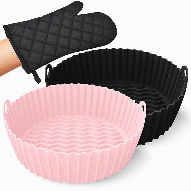 AMRE Silicone Air Fryer Liners 2-Pack with Oven Mit - Reusable Round Replacement for 3-5qt Air Fryers. Even Heating, Handles, Heavy Duty, Non-Stick, Dishwasher Safe