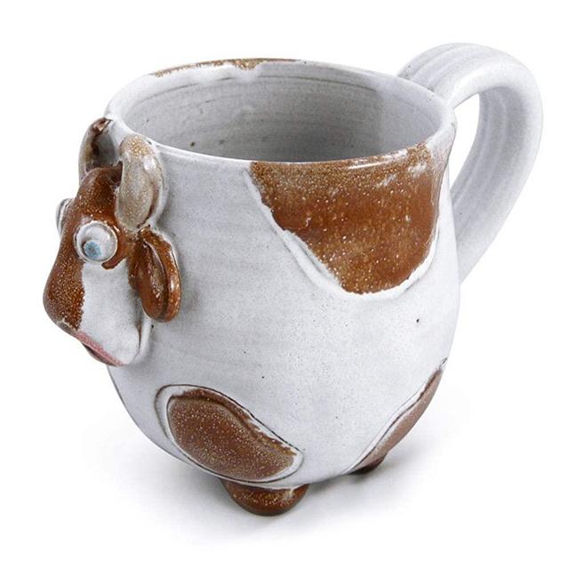 Mootilda American Handmade Stoneware Pottery Cow Mug, 14 oz, Brown Version