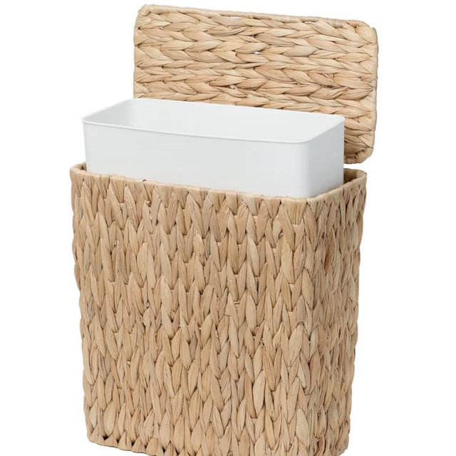 Coeusy 3 Gallon Wicker Trash Can,Small Bathroom Trash Can with Lid,Natural Water Hyacinth Wicker Waste Basket for Bedroom,Toilet,Narrow Garbage Can with Removable Liner