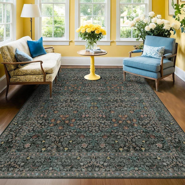 Hazo Haus Dark Green Bedroom Rug 5x7 Area Rug for Living Room Vintage Washable Mat for Dining Room, Low Pile Non Slip Stain Resistance Distressed Retro Indoor (5x7 Dark Green)