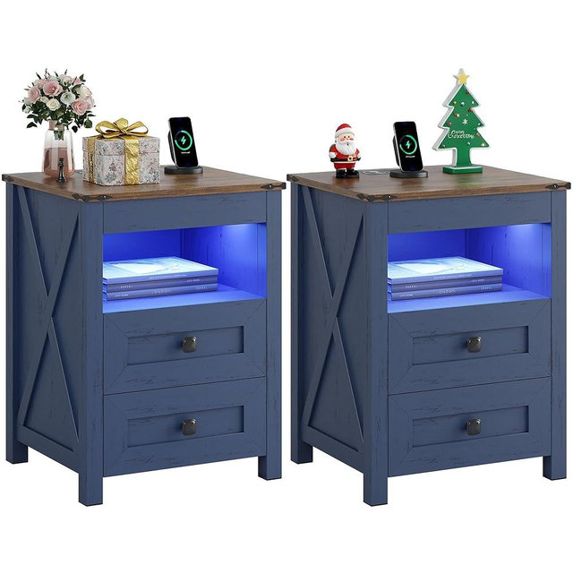 Farmhouse LED Nightstand Set 2 with Gun Drawer&Invisible Lock,Modern Bedside Table with Human Sensor Design,Rustic Side Table with Wireless Charging for Living Room, Blue
