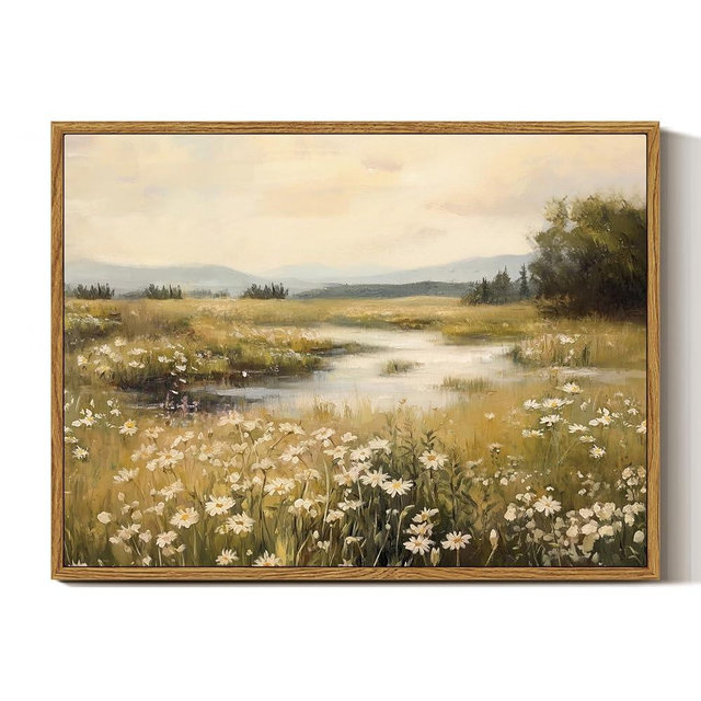 InSimSea Framed Canvas Wall Art Vintage Decor, Farmhouse Wall Decor for Living Room Bedroom Office Bathroom, Spring Landscape Wildflower Field Oil Painting Prints, Home Desk Decorations, 12x16inch