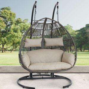 Bali Matte Black Aluminum and Husk Wicker with Cushions Hanging Loveseat