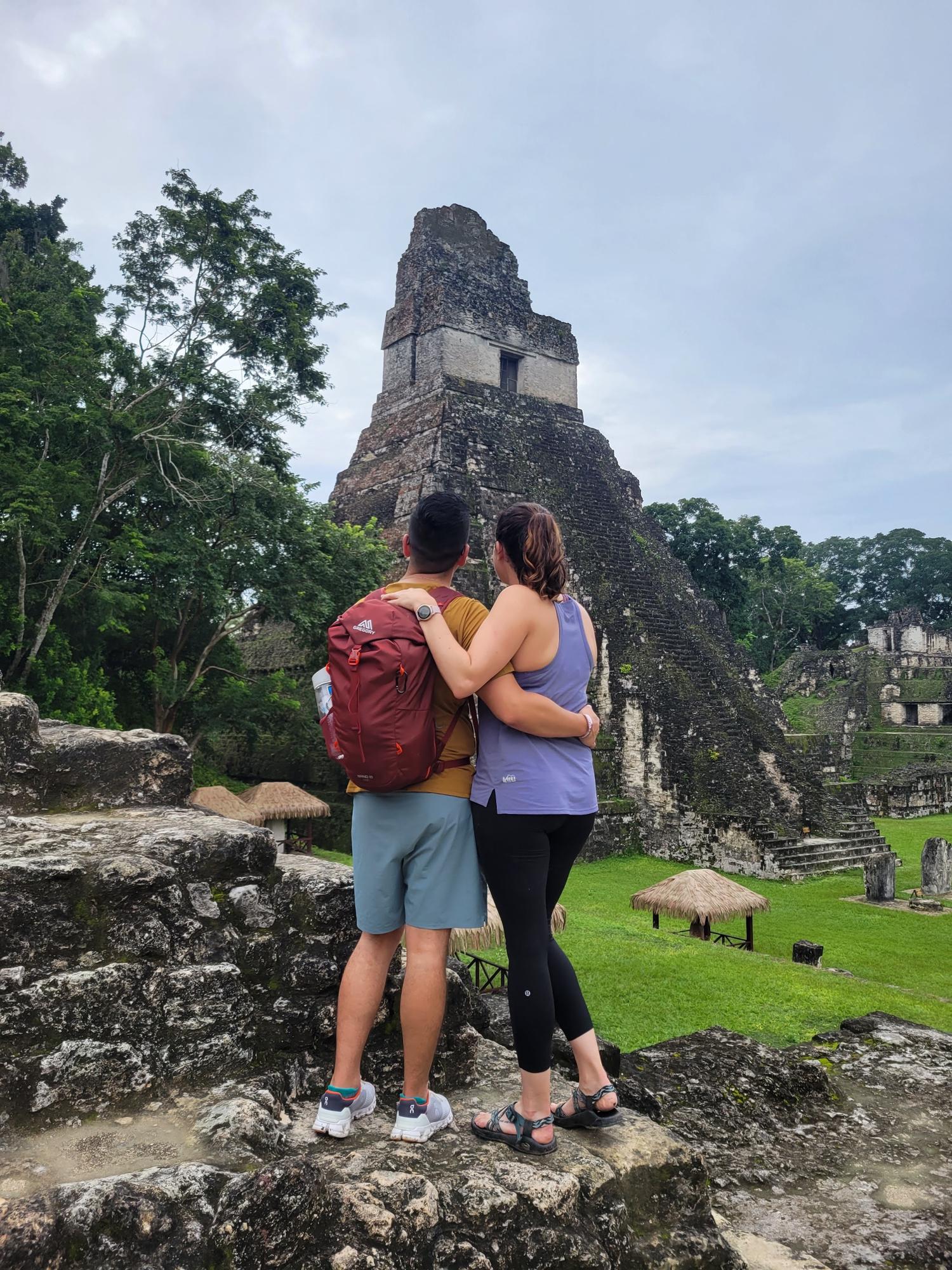 Admiring the Mayan Ruins in Tikal National Park.