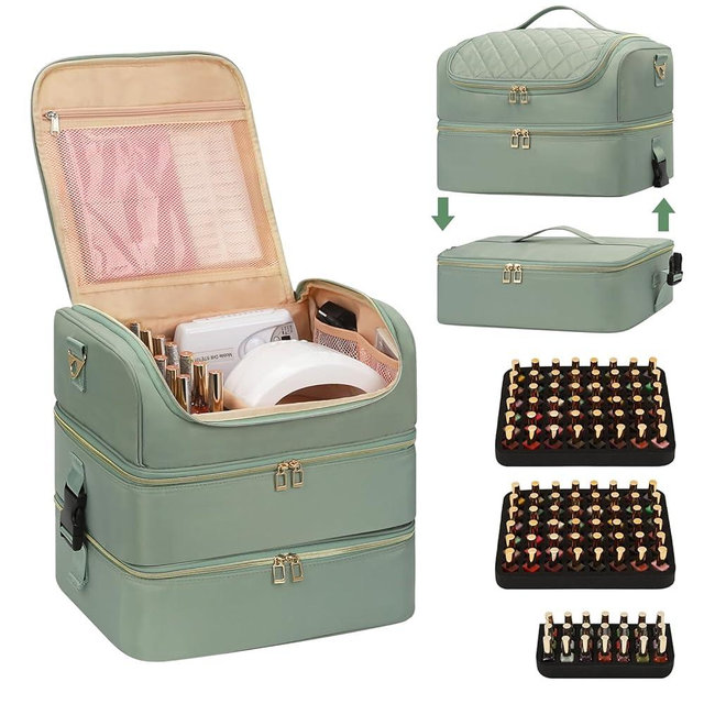 Extra Large Nail Polish Organizer Holds 117 Bottles - Three Layer Nail Organizers And Storage Bag, Portable Nail Supplies Organizer Case, Nail Tech Kit Travel Carrying Box with Shoulder Strap