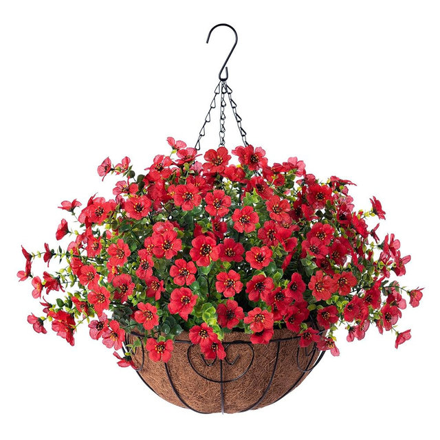 Ammyoo Artificial Faux Hanging Plants Flowers Basket for Spring Outdoor Decoration, Fake Silk Daisy UV Resistant Look Real with Eucalyptus Leaves Summer Outside Decor for Home Patio Garden