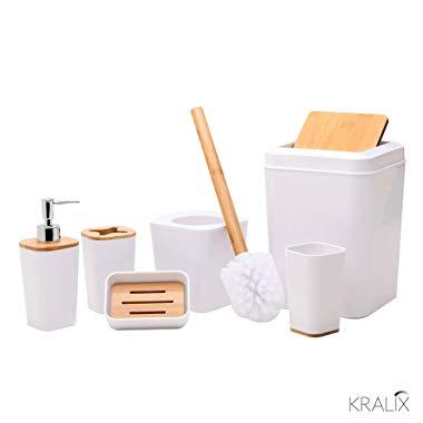 Kralix Bathroom Set 6 Pieces Plastic Bathroom Accessories Toothbrush Holder, Rinse Cup, Soap Dish, Hand Sanitizer Bottle, Waste Bin, Toilet Brush with Holder