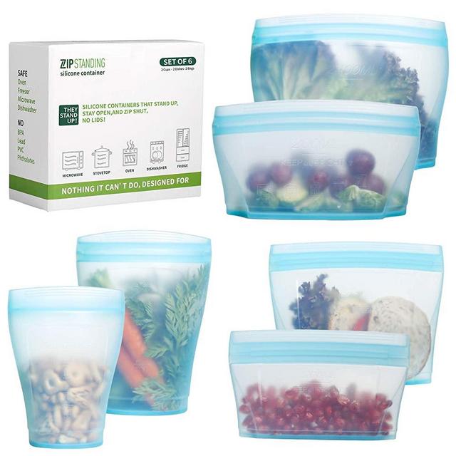 Zip Standing Reusable food Silicone Containers - Complete SET with 2 Cups, 2 Dishes, 2 Storage Bags. Larger Capacity, Dishwasher, Microwave, Freezer Safe. Healthy Food Grade.