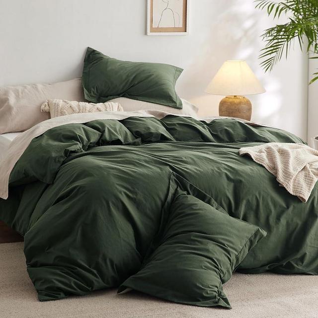 Bedsure 100% Washed Cotton Duvet Cover King Size - Olive Green Minimalist Cotton Duvet Cover Linen Like - 3 Pieces Plain Simple Cotton Duvet Cover Set with 2 Pillow Shams (Olive Green, King, 104"x90")