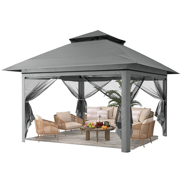 Driftalia 13x13 Pop Up Gazebo, Instant Outdoor Gazebo with Mosquito Netting, Vented Roof and Carry Bag for Patio, Garden & Backyard - Dark Gray
