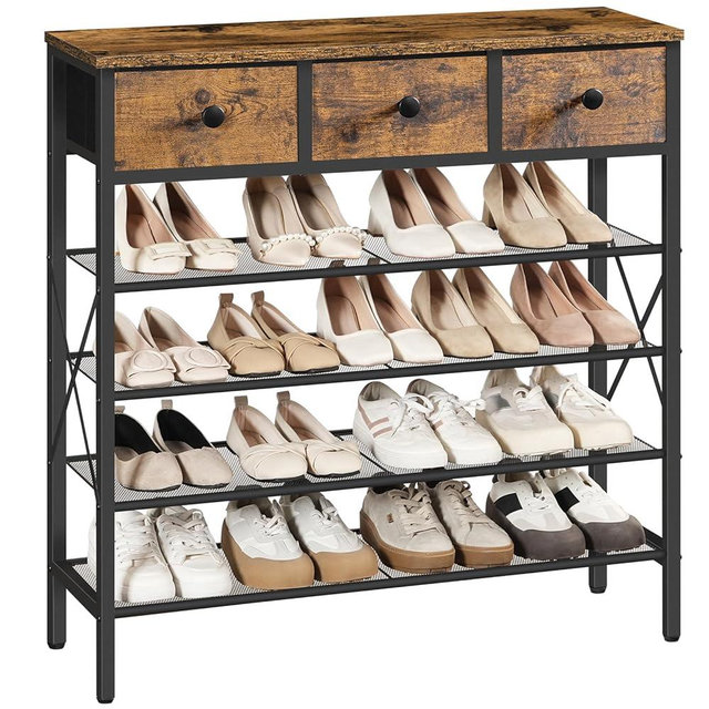 YATINEY 5-Tier Shoe Rack with 3 Drawers, Metal Shoe Organizer for 20 Pairs with Storage Shelves and Wooden Top, for Entryway, Hallway, Foyer, Closet, Rustic Brown and Black SS35BR
