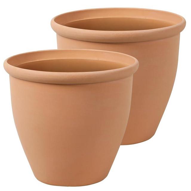 Worth Garden 2-Pack 15" Round Planters - Large Terracotta Color Plastic Pots for Indoor & Outdoor Plants - Lightweight Decorative Flower Containers for Porch, Patio, Yard, or Deck