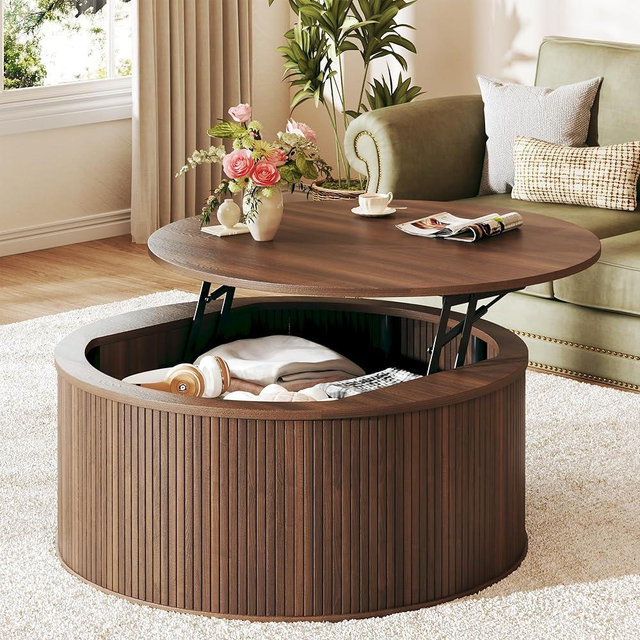 HUAHUU Round Coffee Table with Storage, 31.5" Lift Top Coffee Table, Mid Century Modern Coffee Tables for Living Room, Apartment Office, Fluted Table with Rustic Wood Desktop, Walnut