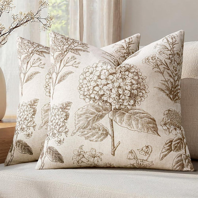 SWANCOCO Set of 2 Decorative Floral Neutral Pillow Covers 22x22 Inch Light Brown Hydrangea Print Outdoor Boho Vintage Throw Cushion Covers for Sofa Couch Porch Bedroom Living Room Summer Home Decor