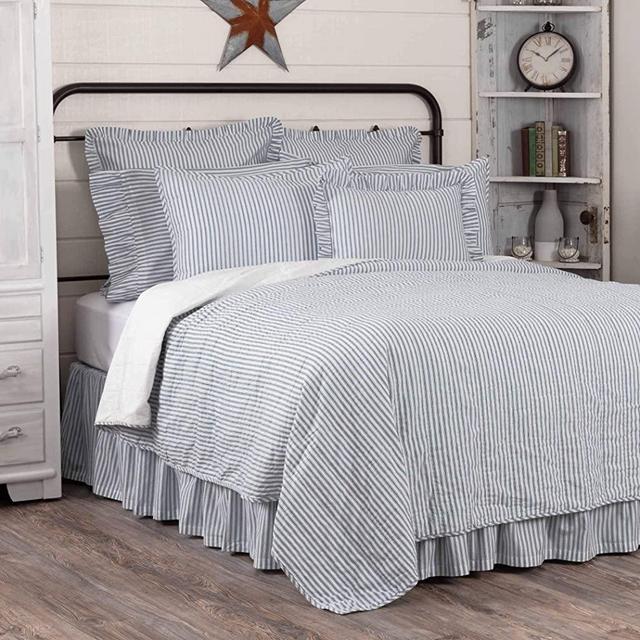 VHC Brands Sawyer Mill Ticking Striped Cotton Farmhouse Pre-Washed King Bedding Accessory, Quilt 105x95, Blue Denim