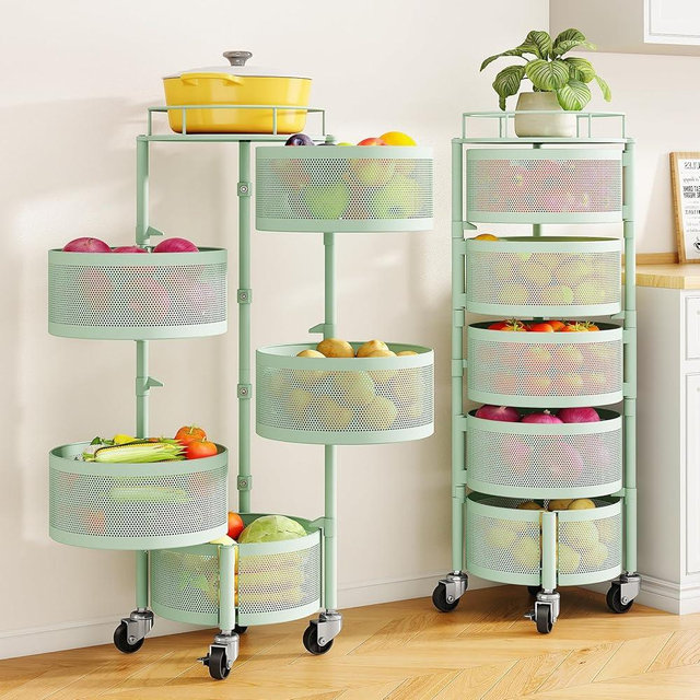 SNTD Fruit and Vegetable Basket Bowls for Kitchen with Metal Top Lid, 5 Tier Rotating Storage Rack Cart for Potato Onion Bread Banana, Wire Basket Organizer on Wheels, Large (Green)