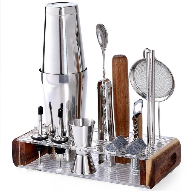 Mixology Bartender Kit with Stand - 15 Piece Bar Tool Set, Silver Bar Set Cocktail Shaker Set for Drink Mixing - Includes Martini Shaker, Jigger, Strainer, Bar Mixer Spoon, Tongs, Opener | Gift Idea
