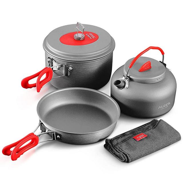 Alocs Camping Cookware, Portable Camping Pots and Pans Set with Camping Kettle, Lightweight Camping Cooking Set for Outdoor Backpacking Camping Hiking Picnic, Included Mesh Carry Bag
