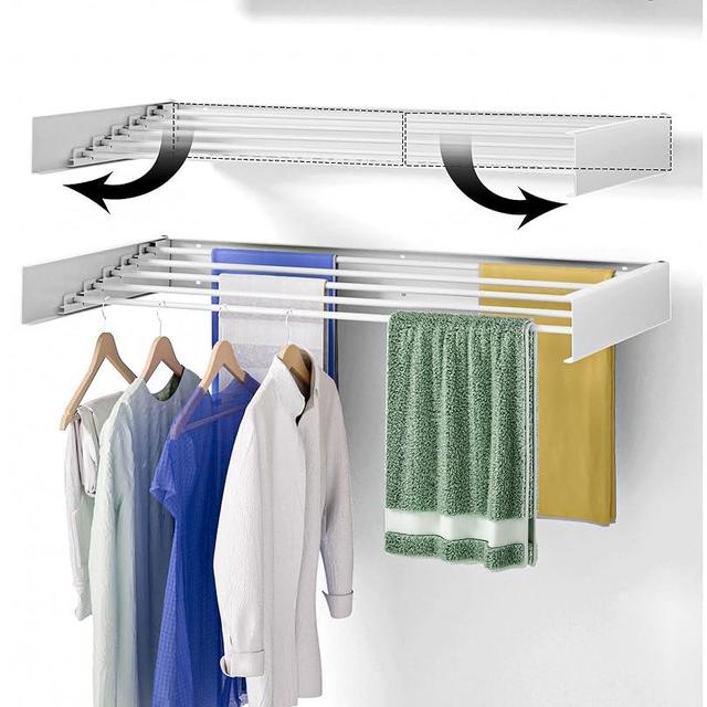 Muibe Wall Mounted Drying Rack 40",Laundry Drying Rack Collapsible, Retractable Clothes Drying Rack, 5 Aluminum Rods, 60 lb Capacity, with Wall Template, Screw, Drill Bit (White 40" Large)