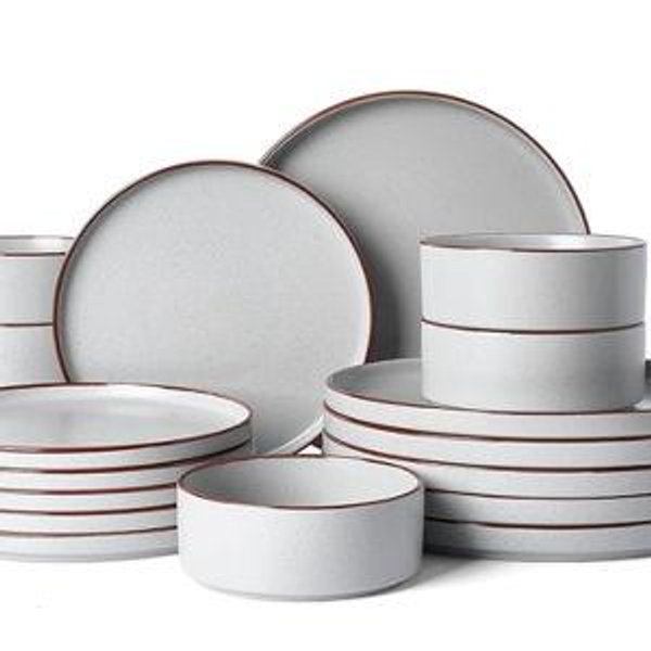 Famiware Nebula Ridge Stoneware Dinnerware Sets for 6, Plates and Bowls Sets, 18 Pieces Dishes Set, Microwave and Dishwasher Safe Kitchen Plates, Light Gray