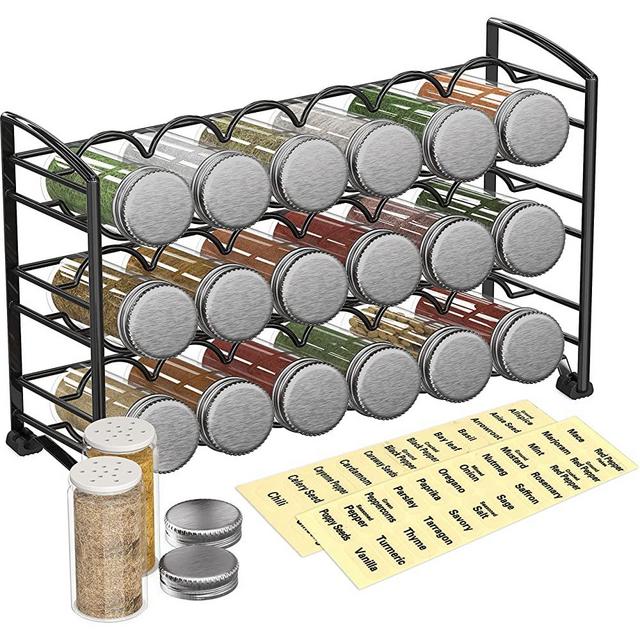 DecoBros Spice Rack Stand holder with 18 bottles and 48 Labels, Black