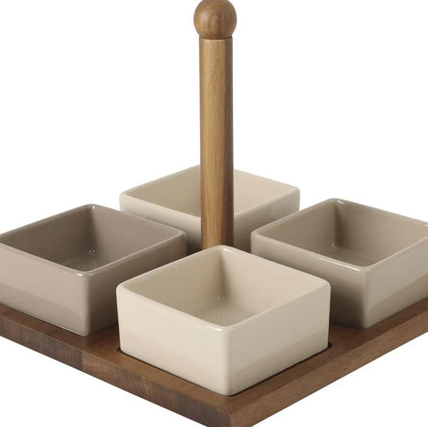 Gibson Elite 4-Piece Stoneware Tidbit, Condiment & Dip Dish Set with Acacia Wood Tray – Taupe Square Appetizer, Snack, Topping & Entertaining Server
