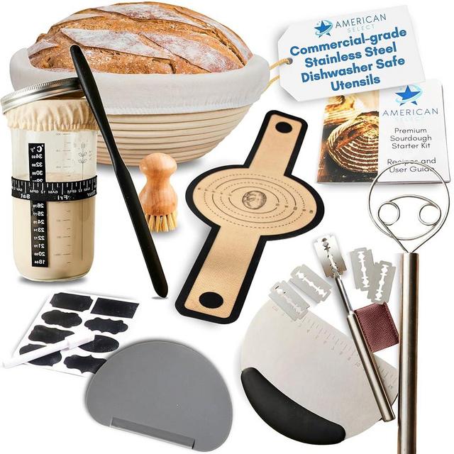 23pcs Premium Sourdough Starter Kit, Dishwasher Safe Sourdough Starter Jar Kit with 9" Sourdough Proofing Basket, 800 ml Sourdough Starter Jar, Danish whisk, Scraper, Scorer, Sling & Brush