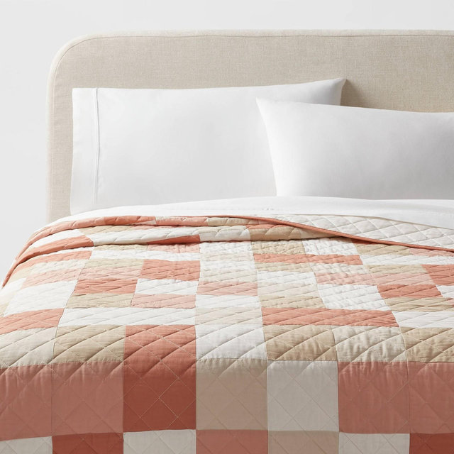 Full/Queen Pieced Patchwork Quilt Light Pink/Khaki - Threshold™: Cotton Fabric, OEKO-TEX Certified, Channel Quilting